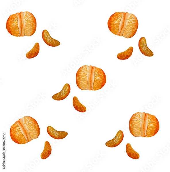 Fototapeta Watercolor pattern tangerines and tangerine slices on a white background.