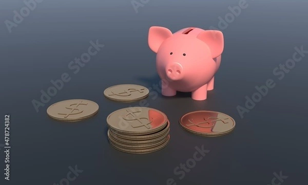 Fototapeta Concept of savings money pig dollar coins on dark background. 3d rendering