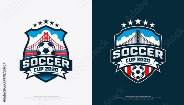 Fototapeta Logo for soccer tournament with soccer ball and bridge