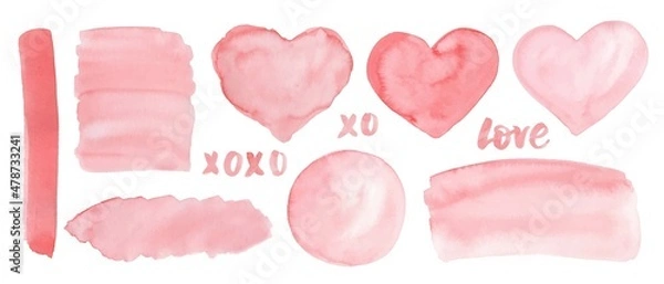 Fototapeta Set of pink watercolor Valentine's day design elements, place for text. Hearts, Love lettering, backgrounds.
