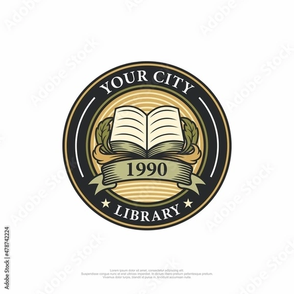 Fototapeta Vintage library logo with book and classic ornament