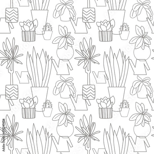 Fototapeta Black and white backdrop pattern with plants in pots. Simple vector seamless pattern. Different home trees. Graphic texture. Cactus, ficus, echeveria, yucca, phalaenopsis, opuntia, dragon tree.