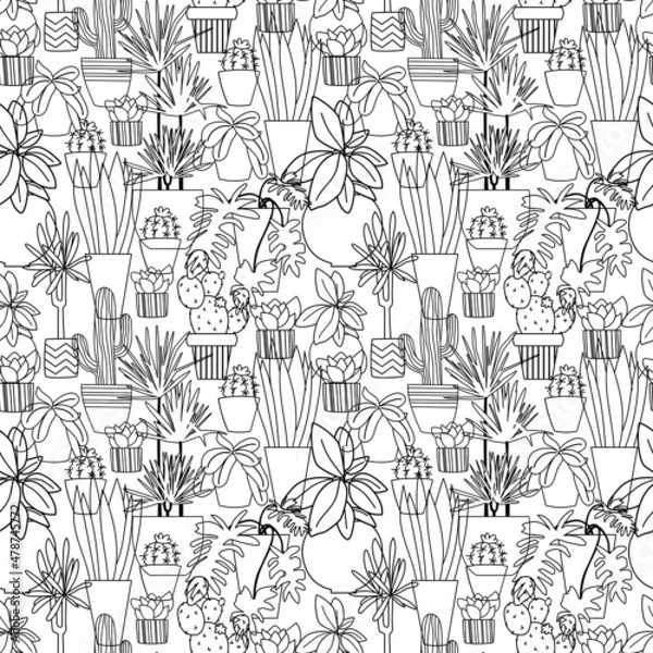 Fototapeta Background with plants in pots. Simple vector seamless pattern. Different home trees. Graphic texture. Black and white colors. Great for wallpapers, wrapping paper, design packaging.