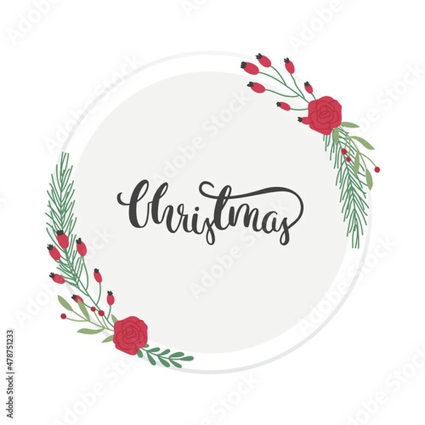 Fototapeta Circle with hand drawn calligraphy decorated with flower bouquets. Flat trendy illustrations of flowers. Vector frame.