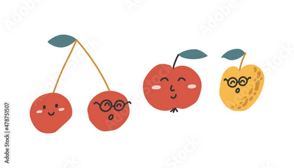 Fototapeta Set of cute minimalist fruits with faces - cherry, apple and pear. Freehand simple vector drawings isolated on white background.