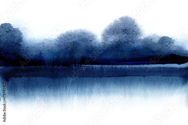 Obraz Watercolor landscape with Islands in the water. Silhouette of the mountains of lake.