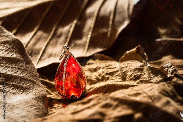 Obraz The red gemstone pendant with silver frame on leaf background.