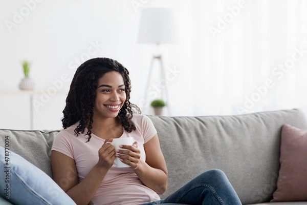 Fototapeta Enjoy weekends, rest and coffee break, relax at home in free time with delicious drink