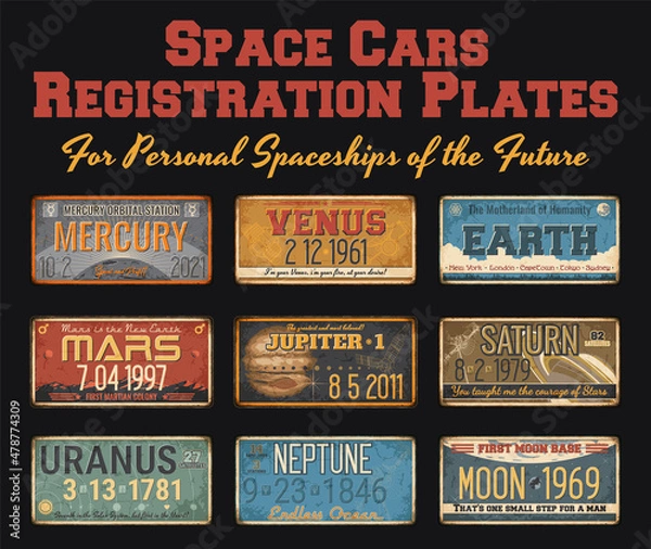 Fototapeta Space Cars Registration Plates for Personal Spaceships from the Future, Planets of Solar System, Rusty Frames