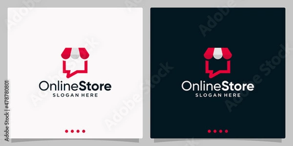 Fototapeta Shopping store logo with chat bubble. Online shop icon simple minimalist logo sign vector illustration. Isolation of objects on a black and white background.