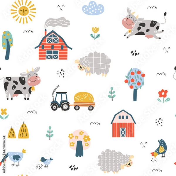 Obraz Seamless childish pattern with cute cow, sheep, farm house. Creative kids texture for fabric, wrapping, textile, wallpaper, apparel. Vector illustration