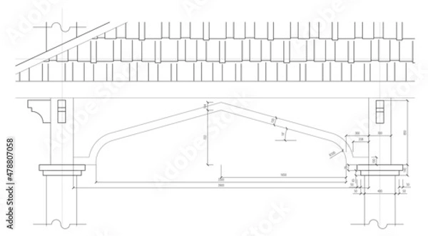 Fototapeta CAD generated 2D black and white architectural detail drawing. Drawings are included with dimension details for reference to the builder. Drawing details refer to a specific place.

