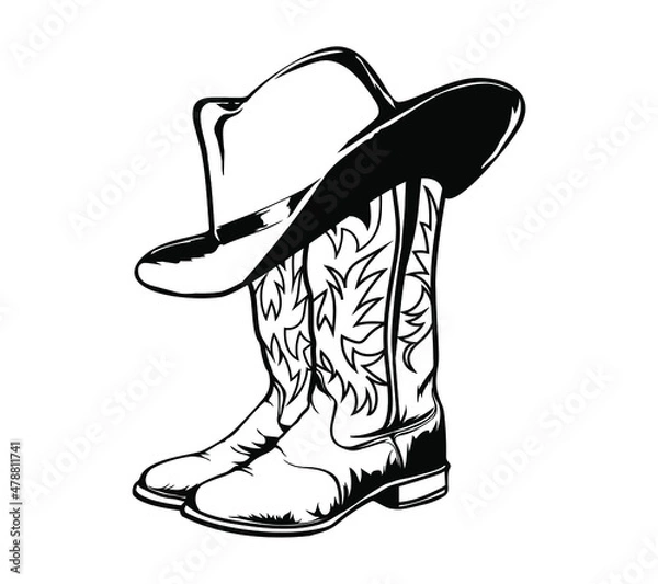 Obraz Cowboy boots and western hat. Isolated on white for print or design. Vector illustration.