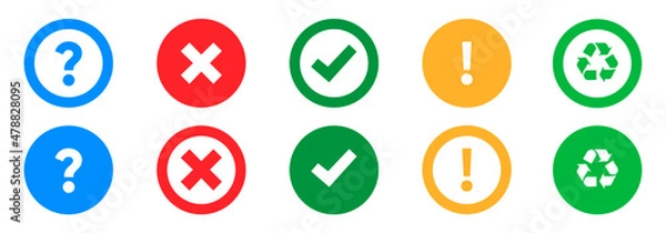 Fototapeta Icon set of question mark, right or wrong, exclamation mark and recycle sign vector illustration