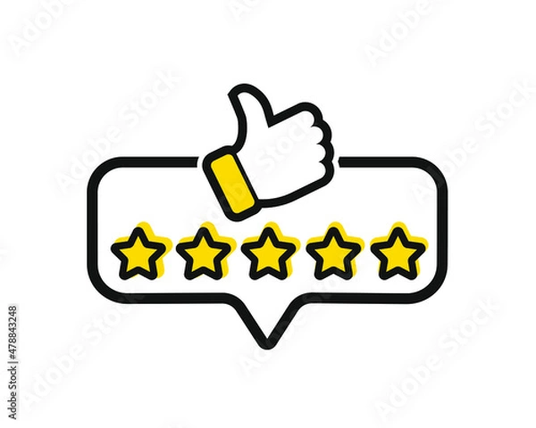 Fototapeta Five stars customer product rating review with thumbs up icon. Modern flat style vector illustration