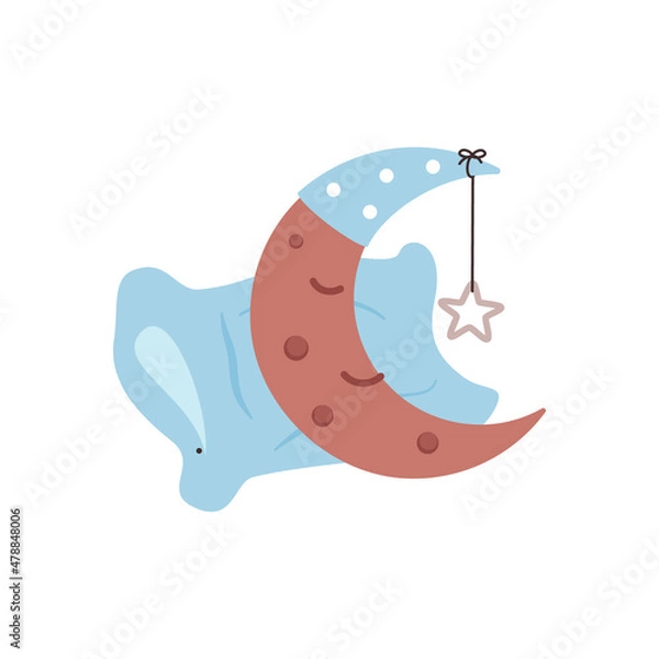 Fototapeta A cartoon moon in a cap with a star is sleeping on a pillow. Color vector illustration. White isolated background.