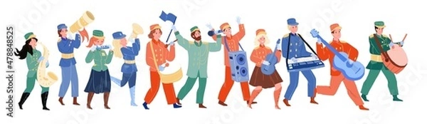 Fototapeta Music band characters playing different musical instrument moving in row. Flat hand drawn people in costume uniform participating in parade isolated on white background