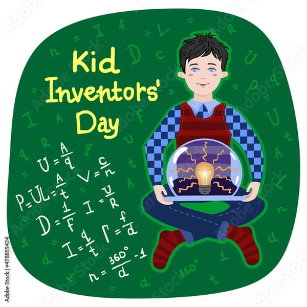 Fototapeta Kid Inventors Day. A boy, a schoolboy, an inventor sits in a lotus position and holds in his hands his invention a ball with a light bulb on a green background with inscriptions from formulas.