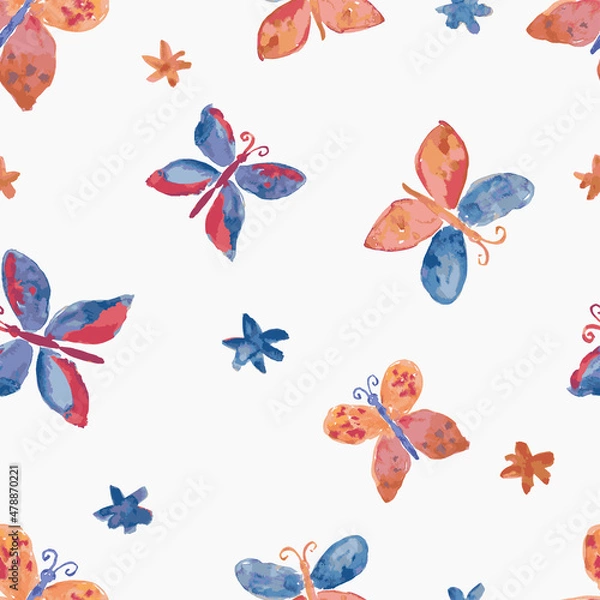 Fototapeta Seamless pattern from watercolor drawings colorful butterflies and daisies