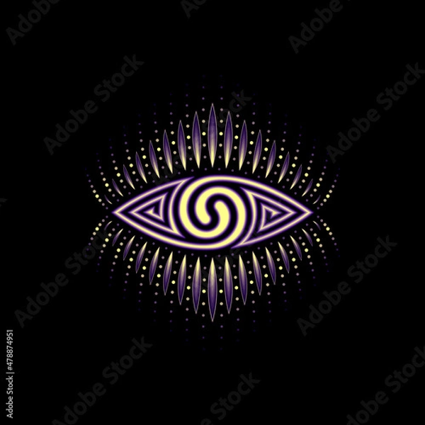 Obraz Vector neon psychedelic eye with decor. Two spiral - symbol of duality. Sacred geometry concept.