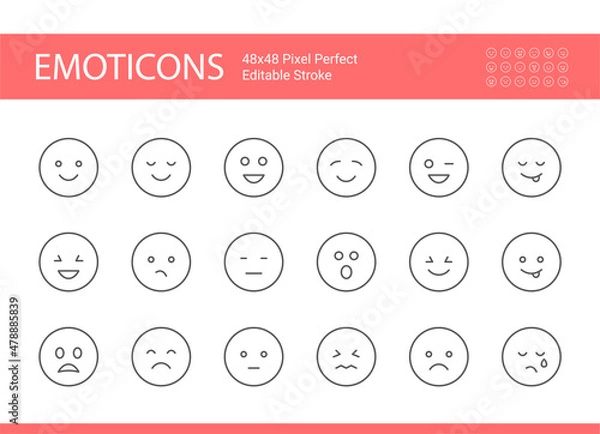 Obraz Vector simple set of emoticons. Emoji face. Editable vector stroke. Pixel perfect.