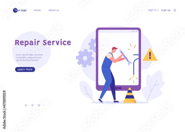 Obraz Repair service concept. Repairman fixing phone using maintenance with warning sign. Man with spanner repairing mobile hardware. System error. Vector illustration for web design, landing page
