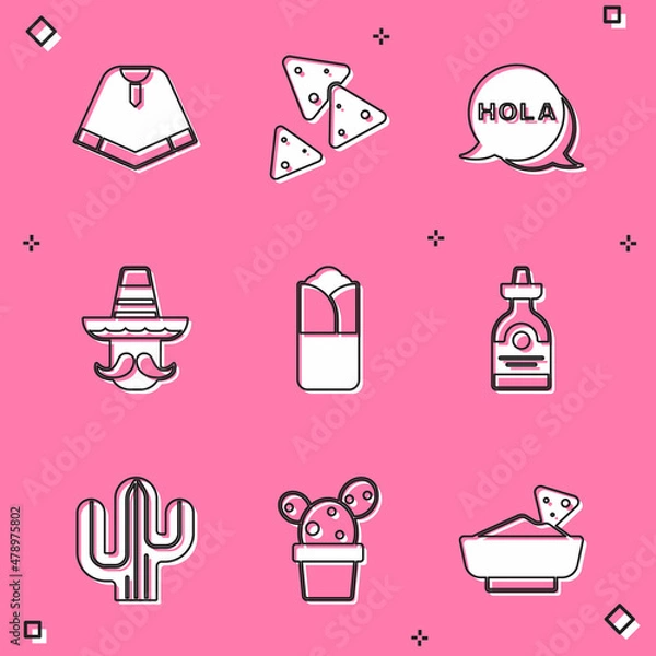Obraz Set Poncho, Nachos, Hola, Mexican man sombrero, Burrito, Tequila bottle, Cactus and or succulent in pot icon. Vector