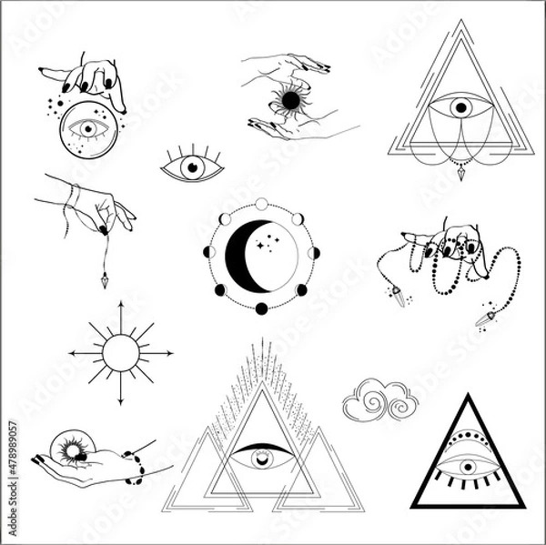 Obraz Set of sun, moon, stars, clouds, and esoteric symbols. Esoteric symbols, alchemy and witchcraft 