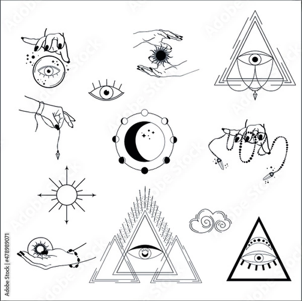 Obraz Set of sun, moon, stars, clouds, and esoteric symbols. Esoteric symbols, alchemy and witchcraft vector