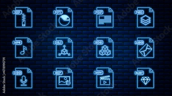 Obraz Set line RUBY file document, MSG, PDF, OBJ, MP3, ZIP, 3DS and PPT icon. Vector