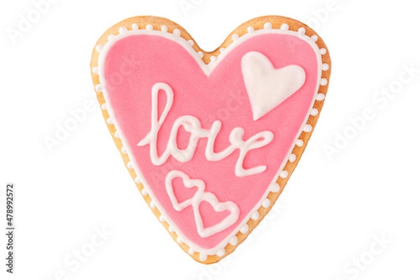 Fototapeta Pink heart cookie with text love and icing isolated on white, flat lay. Romantic pastry for valentine day.