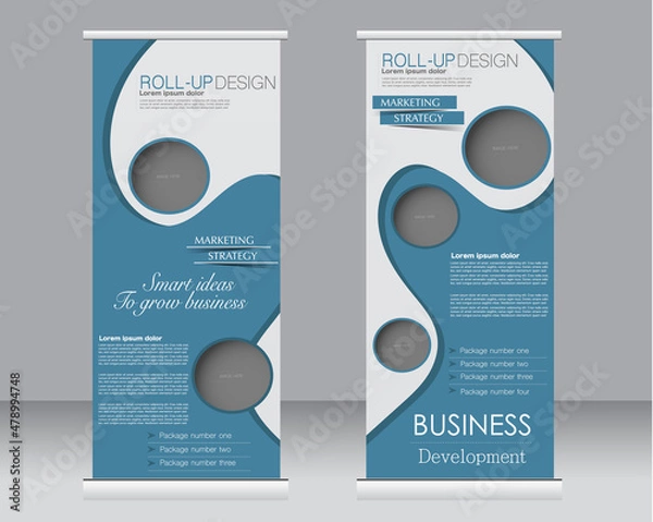 Fototapeta Roll up banner stand template. Abstract background for design,  business, education, advertisement.  Blue color. Vector  illustration.