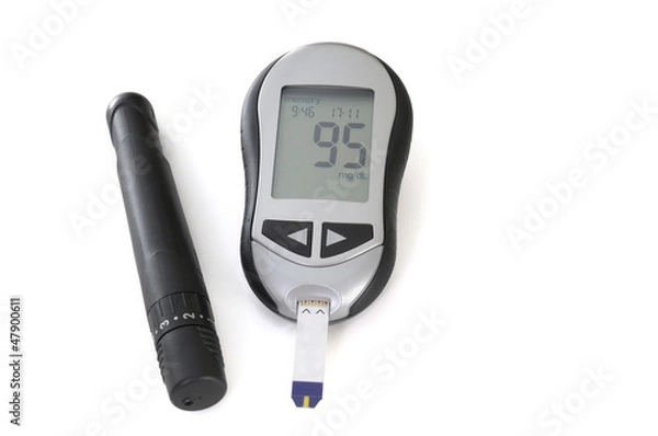 Obraz glucometer, with a 95 reading displayed.