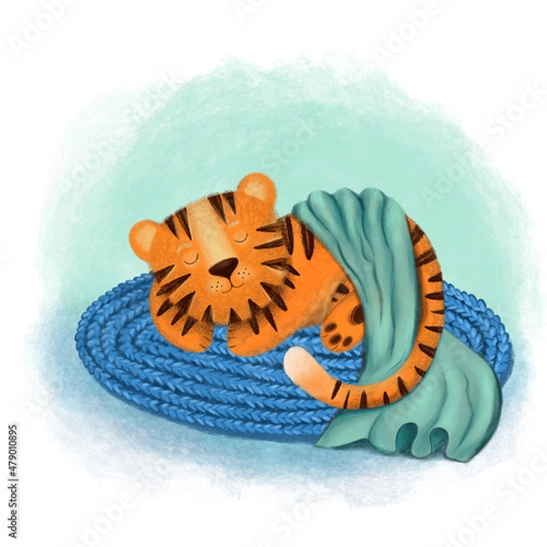 Fototapeta Happy Chinese new year greeting card 2022 with cute tiger in different season location for calendar. Animal holidays cartoon character.