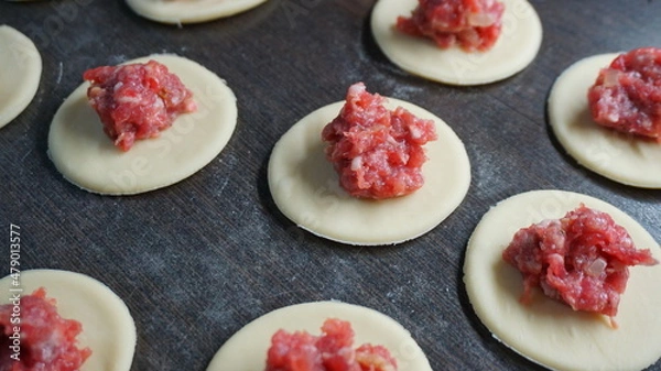 Fototapeta the process of cooking, modeling, recipe, dumplings, Traditional dish of Russian cuisine, round dough stuffed with minced meat, minced meat