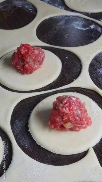 Obraz the process of cooking, modeling, recipe, dumplings, Traditional dish of Russian cuisine, round dough stuffed with minced meat, minced meat
