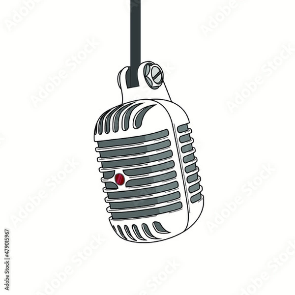 Obraz Vintage retro michrophone realistic. Old school hanging mic vector illustration. Classic style silver metallic microphone. Voice recorder. Sound technology on white background