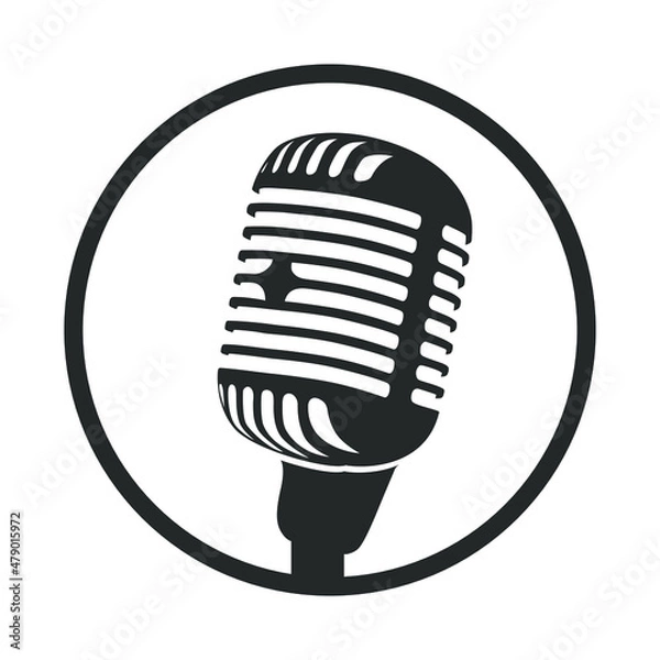 Obraz Vintage retro michrophone icon. Old school mic vector illustration. graphic black logo sticker classic style microphone silhouette. Voice recorder sign. Sound technology isolated white background