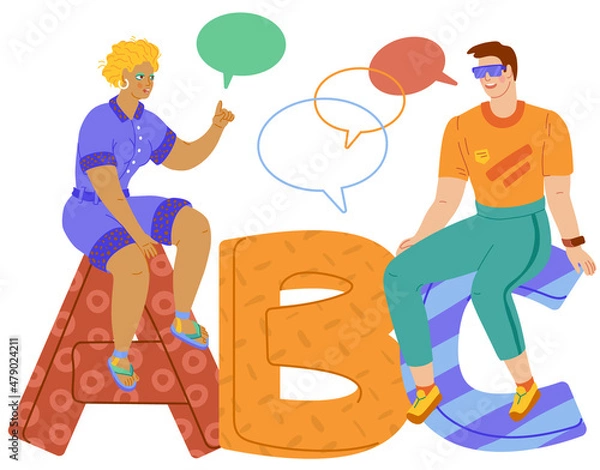 Obraz Cartoon illustration with people sitting on big letters and discussing.