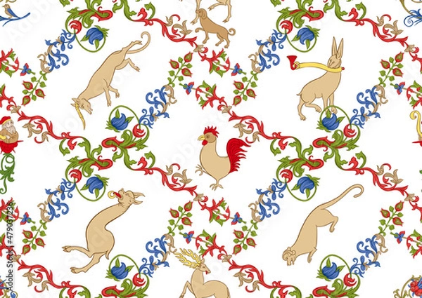 Fototapeta Floral and animals vintage seamless pattern. Medieval illuminati manuscript inspiration. Design for wrapping paper, wallpaper. Vector illustration. Isolated on white background.