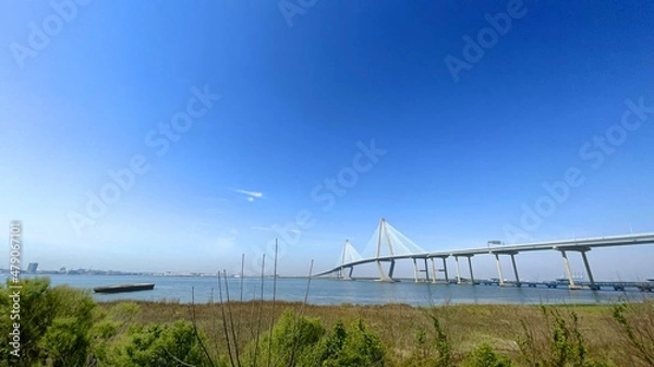 Fototapeta Arthur ravenel jr. bridge over water Cooper River in South Carolina, US, connecting downtown Charleston to Mount Pleasant.
