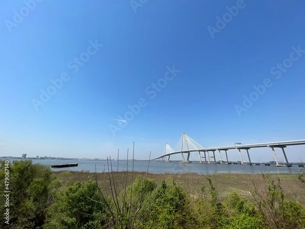 Fototapeta Arthur ravenel jr. bridge over water Cooper River in South Carolina, US, connecting downtown Charleston to Mount Pleasant.