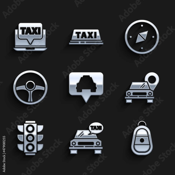 Fototapeta Set Map pointer with taxi, Taxi car, Car key remote, Traffic light, Steering wheel, Compass and Laptop call service icon. Vector