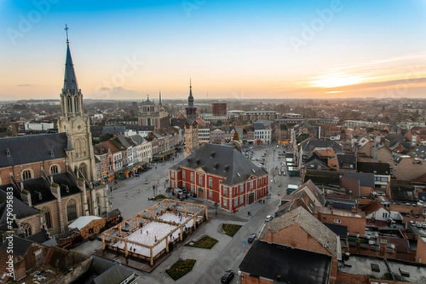 Fototapeta A breathtaking panorama over the city, region and Grote Markt of Sint-Truiden. A city and municipality in the Belgian province of Limburg. Photo was taken from the 65 meter high Abdijtower.