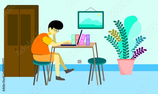 Fototapeta Illustration of a boy learning from home with laptop. A male figure using laptop while sitting flat vector illustration. Suitable for study or work related design.