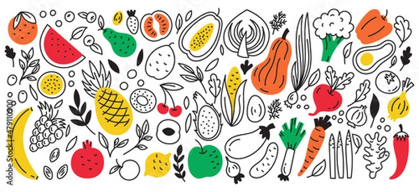 Fototapeta A set of doodle elements vegetables and fruits with leaves and branches. Black and white with colored spots. Diet, healthy food, vegetarianism, vegan. Restaurant menu.