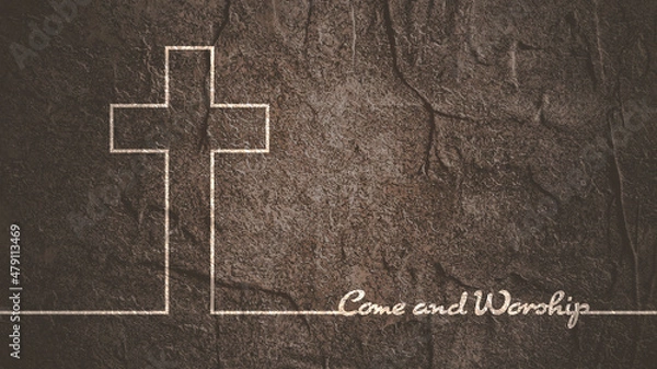 Fototapeta Cross and come and worship text in thin lines style