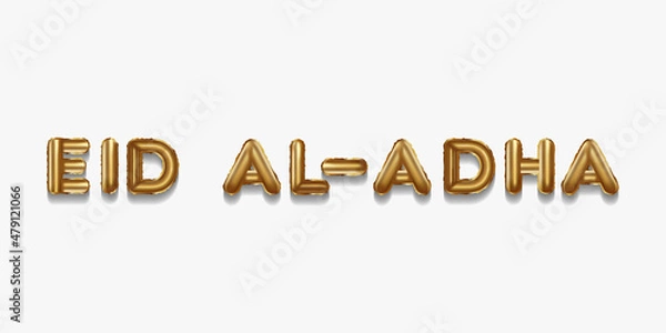 Fototapeta eid al adha written with golden foil balloons. eid al adha lettering realistic gold balloons