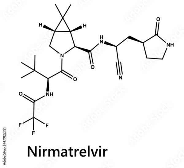 Fototapeta Nirmatrelvir is an antiviral medication developed by Pfizer which acts as an orally active 3C-like protease inhibitor. It is part of the nirmatrelvir/ritonavir combination sold as Paxlovid
