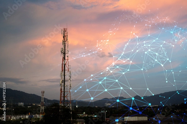 Fototapeta Telecommunication Tower for 2G 3G 4G 5G network during sunset. Antenna, BTS, microwave, repeater, base station, IOT. Technology concept in internet and mobile communication